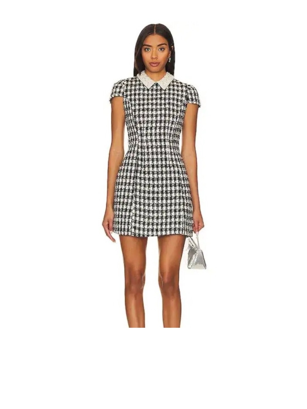 Alice + Olivia Black & Ivory Tweed dress with Pearl-Embellished Collar Sz 10
